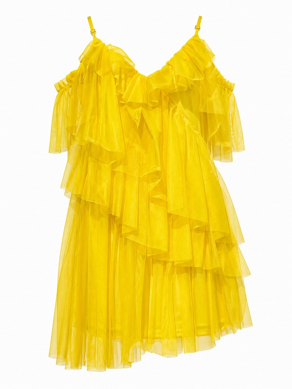 【新品DRESS 1016】ティアードシフォンフリルオフショルフレアミニドレス イエロー【relish】